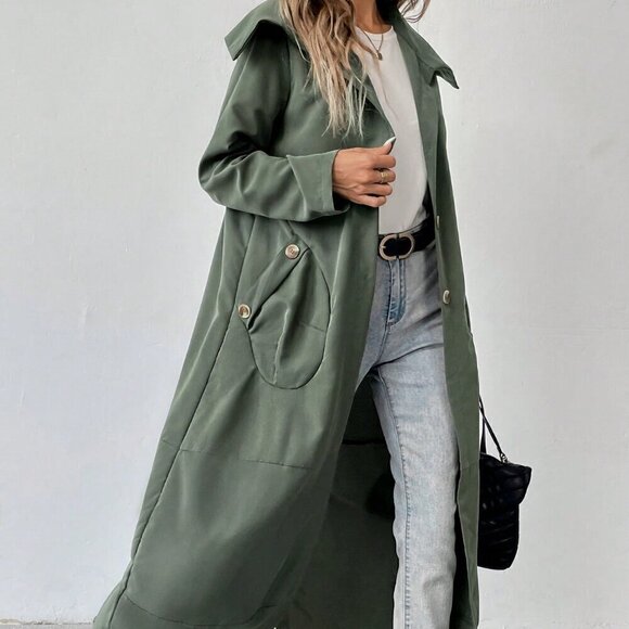 Army Green Casual Women's Solid Color Double Pocket Long Jacket - Picture 1 of 5